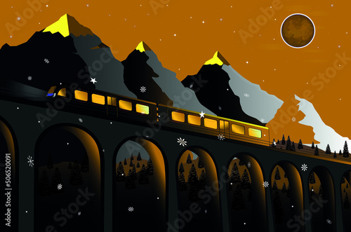 Night landscape with train on bridge with moon on sky,mountains,forest and snowflake