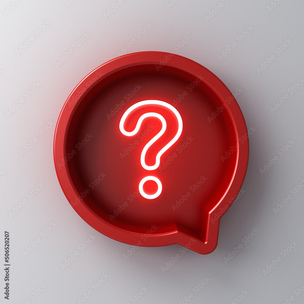 Neon light question mark icon in red round speech bubble box isolated on white wall background with shadow 3D rendering Neon light question mark icon in red round speech bubble box isolated on white wall background with shadow 3D rendering