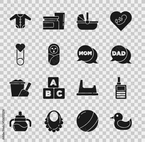 Set Rubber duck, Baby Monitor Walkie Talkie, Speech bubble dad, stroller, Newborn baby infant swaddled, clothes pin, and mom icon. Vector