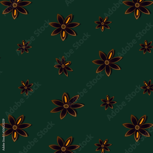 Seamless pattern with organic star anise on green background  can be used for fabric and pillow design  wrapping paper  packaging  covers  bedding and rugs.