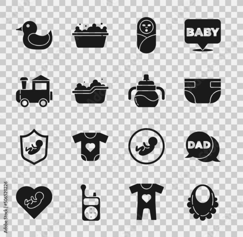 Set Baby bib, Speech bubble dad, absorbent diaper, Newborn baby infant swaddled, bathtub, Toy train, Rubber duck and bottle icon. Vector