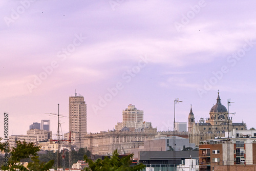 Madrid,Spain;05152022:madrid skyline from san isidro prairie park with royal palace, almudena cathedral, madrid tower, españa building, 4 towers.