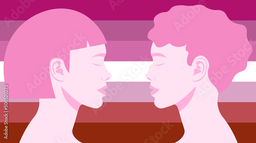 Love is love. Silhouettes of women on the background of a lesbian flag. LGBTQ+ Pride Month, homosexual community. Lesbian Visibility Day