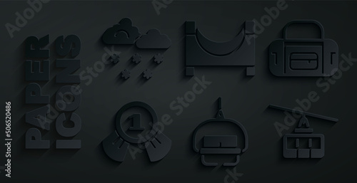 Set Ski lift, Sport bag, Medal, Cable car, Skate park and Cloud with snow icon. Vector
