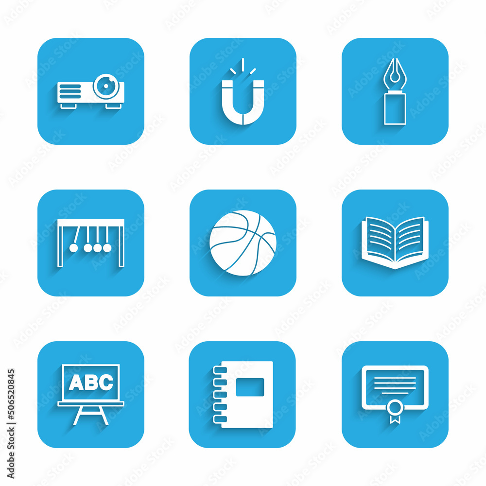 Set Basketball ball, Spiral notebook, Certificate template, Open, Chalkboard, Pendulum, Fountain nib and Movie, film, media projector icon. Vector Set Basketball ball, Spiral notebook, Certificate template, Open, Chalkboard, Pendulum, Fountain nib and Movie, film, media projector icon. Vector