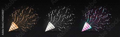 Realistic party poppers set. Collection of graphic elements for decoration of holiday, congratulations on birthday. Gold, silver and colorful. Isometric vector illustrations isolated on dark backdrop