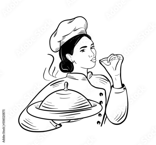 Young happy brunette chef in uniform holds a dish and shows that it is delicious.Vector illustration.