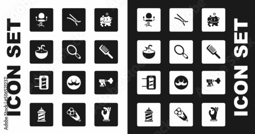Set Bar of soap with foam, Hand mirror, Washbasin, Barbershop chair, Hairbrush, clip, Hairdresser pistol spray bottle and pole icon. Vector