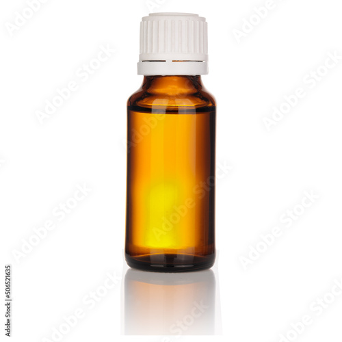 Brown glass bottle with drug isolated white background, white cap. Mock-up of medical glass bottle.