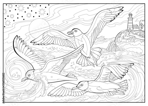 Seascape with seagulls flying between the waves. Coloring book for children and adults. Image in zentangle style. Printable page for drawing and meditation. Black and white vector illustration.