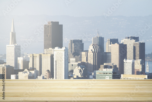 Empty tabletop made of wooden dies with San Francisco city view at daytime on background, template © Pixels Hunter