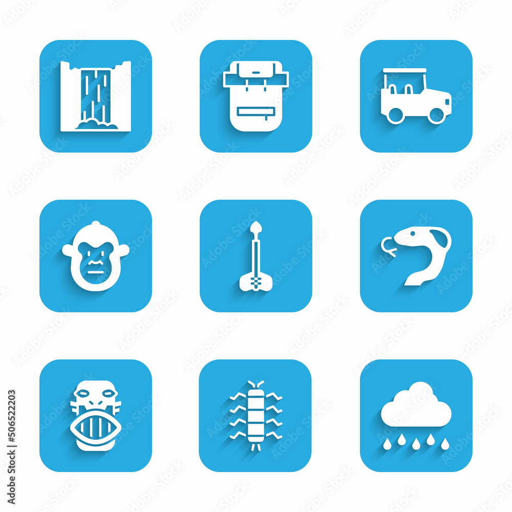 Set Arrow, Centipede insect, Cloud with rain, Snake, Mexican mayan or aztec mask, Monkey, Safari car and Waterfall icon. Vector Set Arrow, Centipede insect, Cloud with rain, Snake, Mexican mayan or aztec mask, Monkey, Safari car and Waterfall icon. Vector