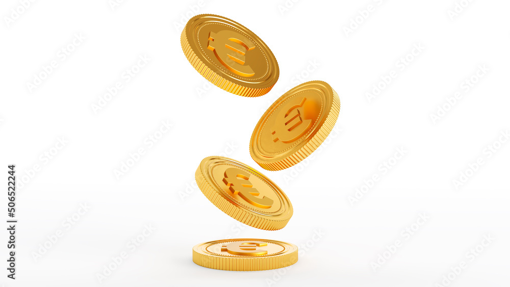 3D render of Falling golden coins with euro sign isolated over white background. - obrazy, fototapety, plakaty 