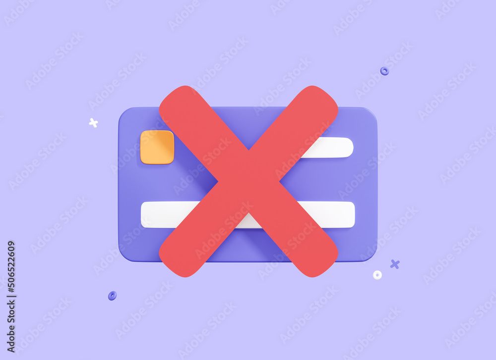 Obraz premium 3D Declined payment credit card. Canceled payment concept. Error and red cross sign. Cards not accepted. Blocked account. No pay. Cartoon illustration isolated on purple background. 3D Rendering