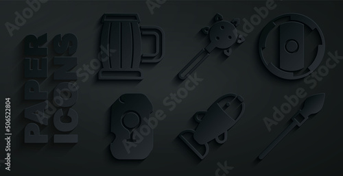 Set Fish, Shield viking, Magic rune, Medieval spear, Mace with spikes and Wooden beer mug icon. Vector