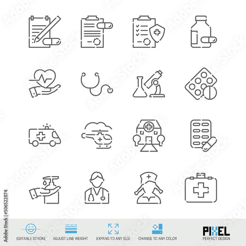 Medicine and drugs related vector line icon set isolated on white. Pixel perfect design. Editable stroke. Adjust line weight. Expand to any size. Change to any color.