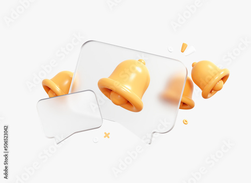 3D Notification speech bubble with Bell icon. Social media reminder and new message concept. Online news and subscribe. Bell popup. Realistic cartoon element isolated on white background. 3D Rendering photo