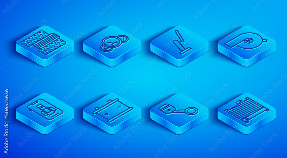 Set line Car tire wheel, Speedometer, Windscreen wiper, battery, Engine piston, Automotive turbocharger, Online car services and radiator cooling system icon. Vector Set line Car tire wheel, Speedometer, Windscreen wiper, battery, Engine piston, Automotive turbocharger, Online car services and radiator cooling system icon. Vector