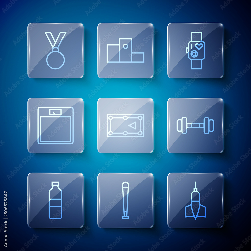Set line Bottle of water, Baseball bat, Dart arrow, Smart watch showing heart beat rate, Billiard table, Bathroom scales, Medal and Dumbbell icon. Vector Set line Bottle of water, Baseball bat, Dart arrow, Smart watch showing heart beat rate, Billiard table, Bathroom scales, Medal and Dumbbell icon. Vector