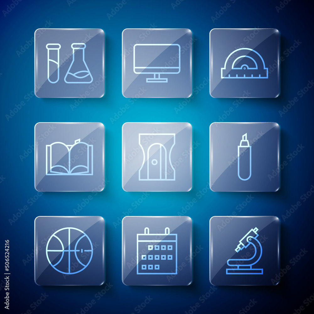 Set line Basketball ball, Calendar, Microscope, Protractor, Pencil sharpener, Open book, Test tube and flask and Marker icon. Vector Set line Basketball ball, Calendar, Microscope, Protractor, Pencil sharpener, Open book, Test tube and flask and Marker icon. Vector