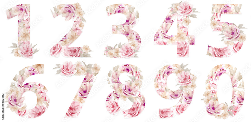Number Watercolor Alphabet Set. Watercolour Flower numbers 1 2 3 4 5 6 7 8 9 0 isolated on white background. Number Watercolor Alphabet Set. Watercolour Flower numbers 1 2 3 4 5 6 7 8 9 0 isolated on white background.