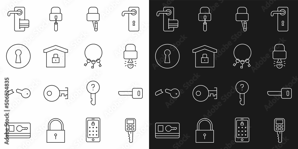 Set line Car key with remote, Key, broke inside of padlock, Lock picks for picking, House under protection, Keyhole, Digital door and Bunch keys icon. Vector Set line Car key with remote, Key, broke inside of padlock, Lock picks for picking, House under protection, Keyhole, Digital door and Bunch keys icon. Vector