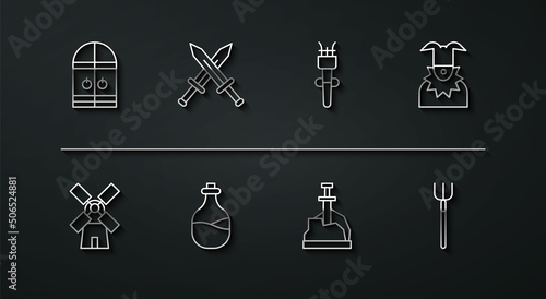 Set line Medieval castle gate, Windmill, Joker head, Sword the stone, Old bottle of wine, Crossed medieval sword, Garden pitchfork and Torch flame icon. Vector