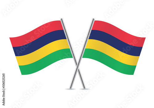 The Republic of Mauritius crossed flags. Mauritian flags on white background. Vector icon set. Vector illustration.