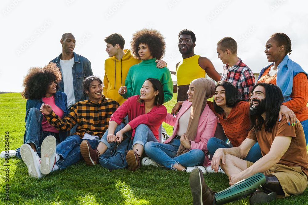 Diverse friends having fun outdoor during summer vacations - Focus on Indian girl face - Diversity and multiethnic community concept Diverse friends having fun outdoor during summer vacations - Focus on Indian girl face - Diversity and multiethnic community concept