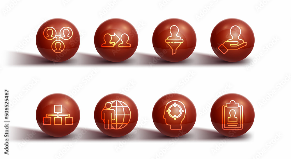 Set line Project team base, Hierarchy organogram chart, Hand for search people, Head hunting, Clipboard with resume and icon. Vector Set line Project team base, Hierarchy organogram chart, Hand for search people, Head hunting, Clipboard with resume and icon. Vector