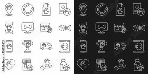 Set line Pet shampoo, Canned food, Fish skeleton, Shopping bag pet, Dog bone, Bag of, Location veterinary and Veterinary hospital icon. Vector