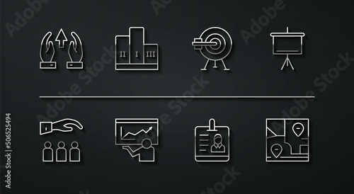 Set line Growth chart and progress, Boss with employee, Chalkboard, Identification badge, Training, presentation, Award over winner podium, Folded map location and Target arrow icon. Vector