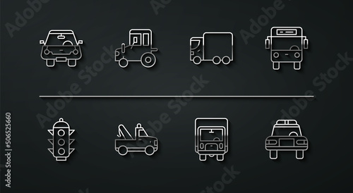 Set line Car, Traffic light, Bus, Delivery cargo truck, Tow, Tractor, Police and flasher and icon. Vector
