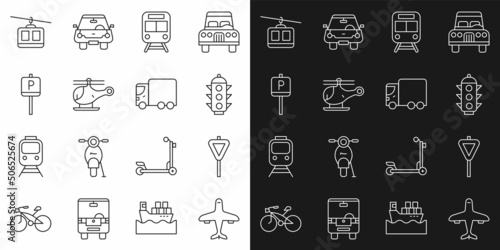 Set line Plane, Road traffic signpost, Traffic light, Train and railway, Helicopter, Parking, Cable car and Delivery cargo truck icon. Vector