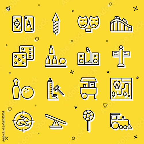 Set line Toy train, Amusement park map, Road traffic signpost, Comedy and tragedy masks, Bottles ball, Game dice, Tarot cards and Home stereo with two speakers icon. Vector