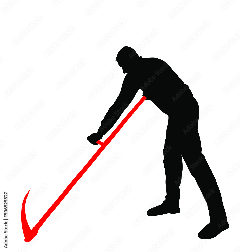 Farmer using scythe to cut grass vector silhouette illustration isolated on white background