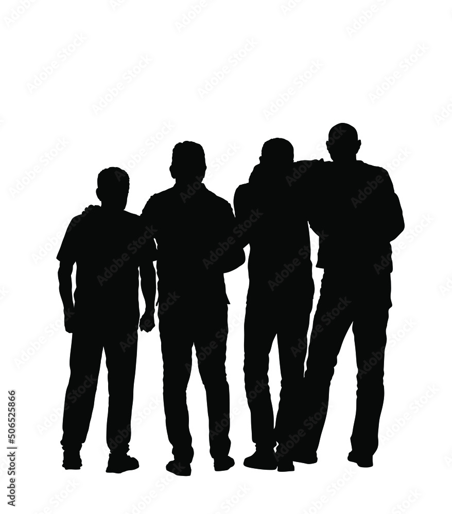 Senior friends hugging together to make a photo picture vector silhouette illustration isolated on white background. Sport fan crew watching soccer game. Man with companions togetherness hug back view Senior friends hugging together to make a photo picture vector silhouette illustration isolated on white background. Sport fan crew watching soccer game. Man with companions togetherness hug back view