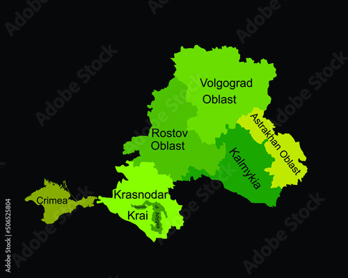 Southern Federal District map Russia, vector silhouette illustration isolated on black. Republic of Adygea, Astrakhan oblast, Volgograd oblast, Kalmykia, Krasnodar krai, Crimea, Rostov, Sevastopol.