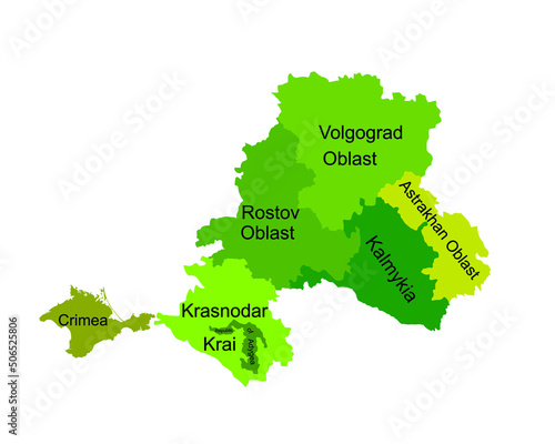 Southern Federal District map Russia, vector silhouette illustration isolated on white. Republic of Adygea, Astrakhan oblast, Volgograd oblast, Kalmykia, Krasnodar krai, Crimea, Rostov, Sevastopol. photo