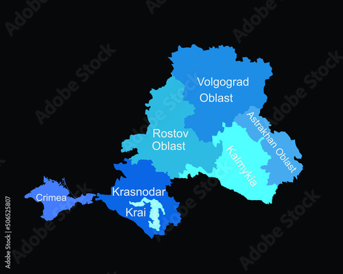 Southern Federal District map Russia, vector silhouette illustration isolated on black. Republic of Adygea, Astrakhan oblast, Volgograd oblast, Kalmykia, Krasnodar krai, Crimea, Rostov, Sevastopol.