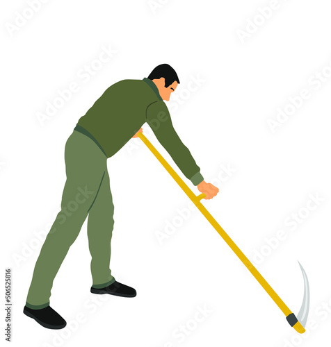 Farmer using scythe to cut grass vector illustration isolated on white background. Rural gardener landscaper. Country man with scythe hard work outdoor. Villager mowing wheat or clover.