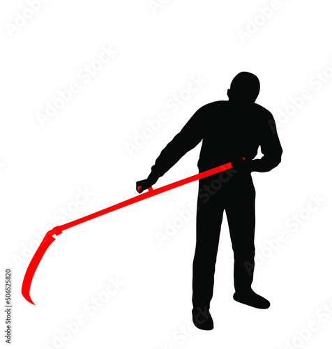 Farmer using scythe to cut grass vector silhouette illustration isolated on white background. Rural gardener landscaper. Country man with scythe hard work outdoor. Villager mowing wheat or clover