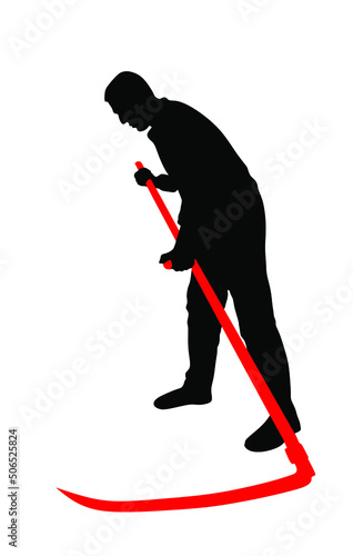 Farmer using scythe to cut grass vector silhouette illustration isolated on white background. Rural gardener landscaper. Country man with scythe hard work outdoor. Villager mowing wheat or clover