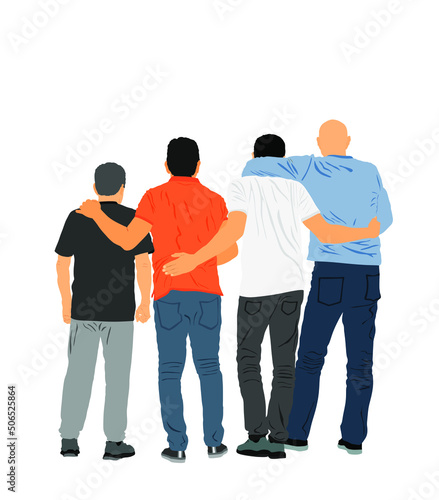Senior friends hugging together to make a photo picture vector illustration isolated on white background. Sport fan crew watching soccer game. Man with companions togetherness hug back view