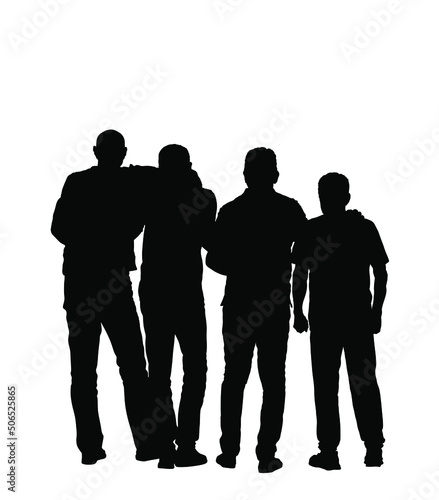 Senior friends hugging together to make a photo picture vector silhouette illustration isolated on white background. Sport fan crew watching soccer game. Man with companions togetherness hug back view