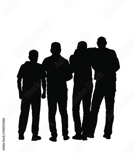 Senior friends hugging together to make a photo picture vector silhouette illustration isolated on white background. Sport fan crew watching soccer game. Man with companions togetherness hug back view