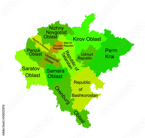 Volga federal district map vector silhouette illustration isolated on white background. Russian federation province. Privolzhsky federal district map.