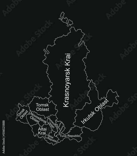 Russia Siberian Federal District map vector line contour silhouette illustration isolated on black. Siberia map: Tuva, Tomsk, Omsk, Altai, Khakassia, Novosibirsk, Krasnoyarsk, Kemerovo, Irkutsk oblast