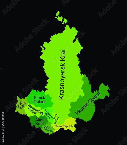 Russia, Siberian Federal District map vector silhouette illustration isolated on black background. Siberia map: Tuva, Tomsk, Omsk, Altai, Khakassia, Novosibirsk, Krasnoyarsk, Kemerovo, Irkutsk oblast. photo