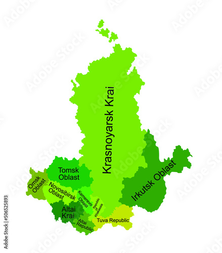 Russia, Siberian Federal District map vector silhouette illustration isolated on white background. Siberia map: Tuva, Tomsk, Omsk, Altai, Khakassia, Novosibirsk, Krasnoyarsk, Kemerovo, Irkutsk oblast.
